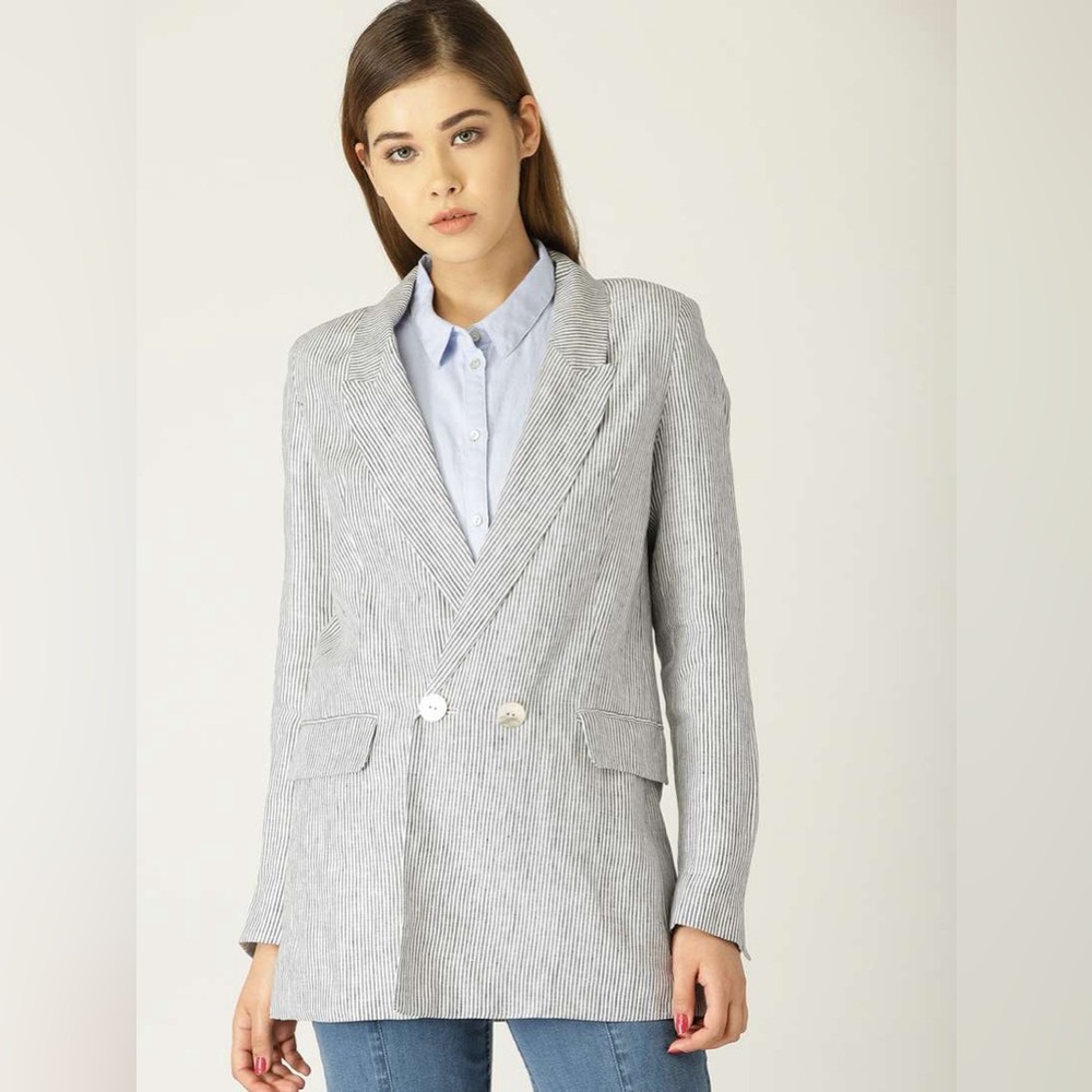 MANGO Striped Linen Blend Blazer Oversized Lightweight Spring Summer Jacket